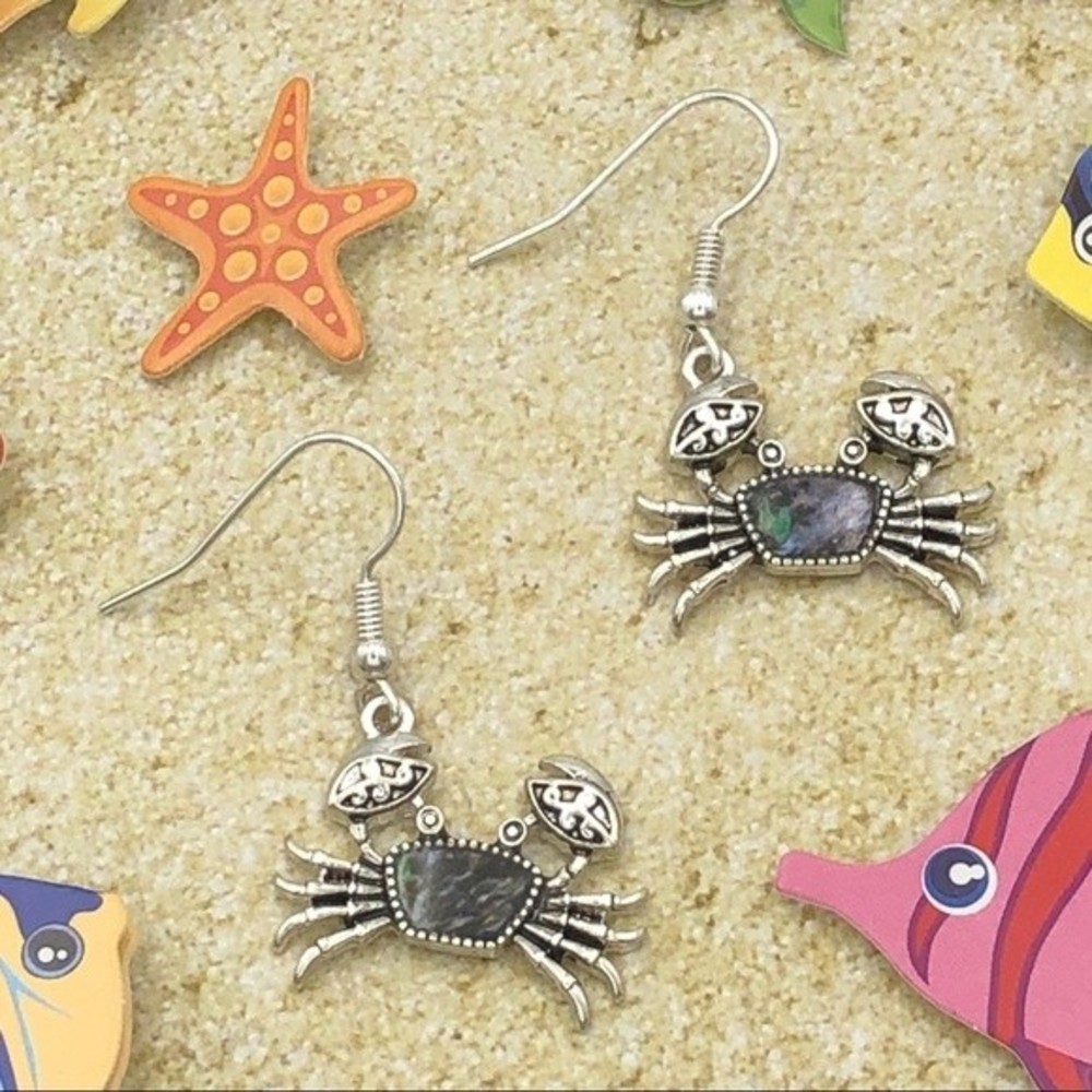🌼 Crab Abalone Shell Inlay Silver Dangle Earrings
